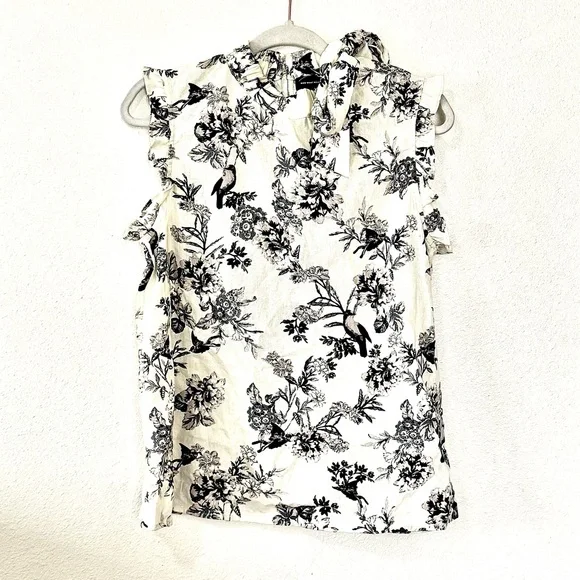 Who What Wear Floral Print Sleeveless Blouse Top Tie Neck Linen Black Cream M - Picture 3 of 10